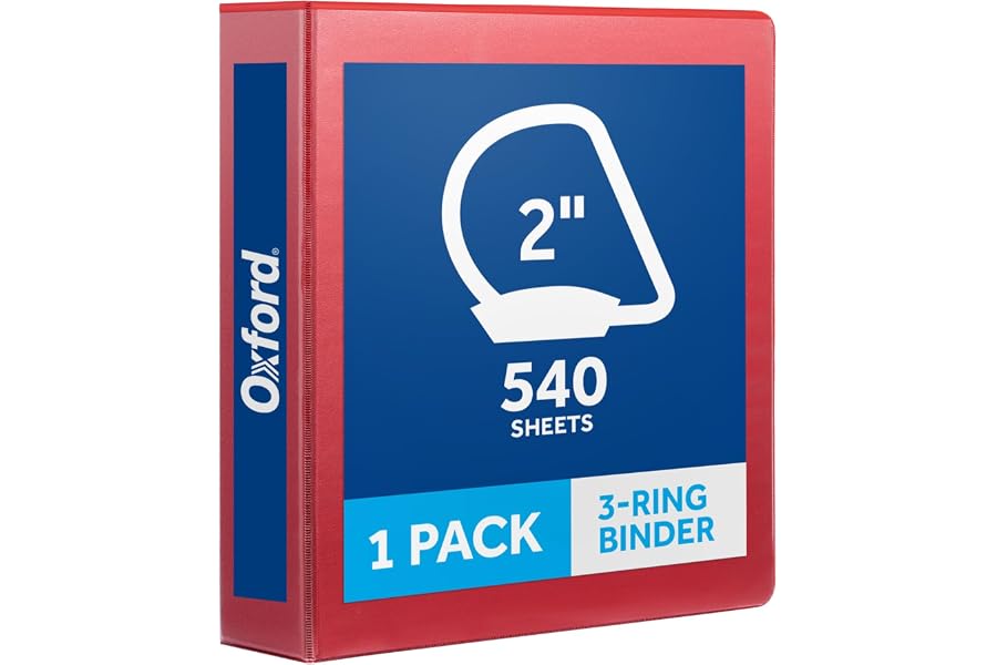 Oxford 2 Inch 3 Ring Binder, Bright Red, Holds 540 Sheets, 2 Pockets | D rings, clear view covers for custom inserts. PVC free, non stick.