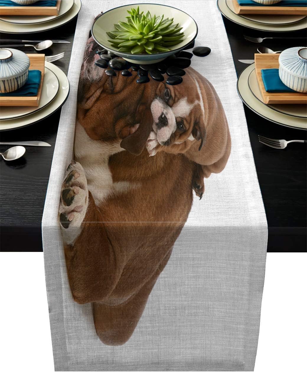 Animal Table Runner Party Supplies Fabric Decorations for Wedding Birthday Baby Shower Bulldog Sleeping Clear Image,13x36 inches