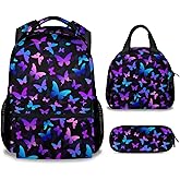 GIHSWE Butterfly Backpack with Lunch Box, Set of 3 School Backpacks Matching Combo, Cute Lightweight Bookbag and Pencil Case Bundle