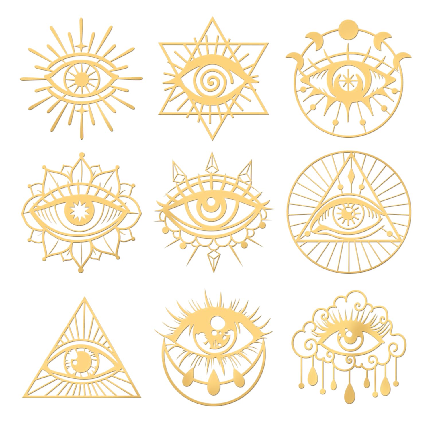 OLYCRAFT 9 Pcs Sacred Geometry Stickers Religion Themed Decals Stickers Eye Pattern Gold Metal Sticker Metal Resin Filler for DIY Scrapbooks Resin Crafts Phone Decorations - 4x4cm