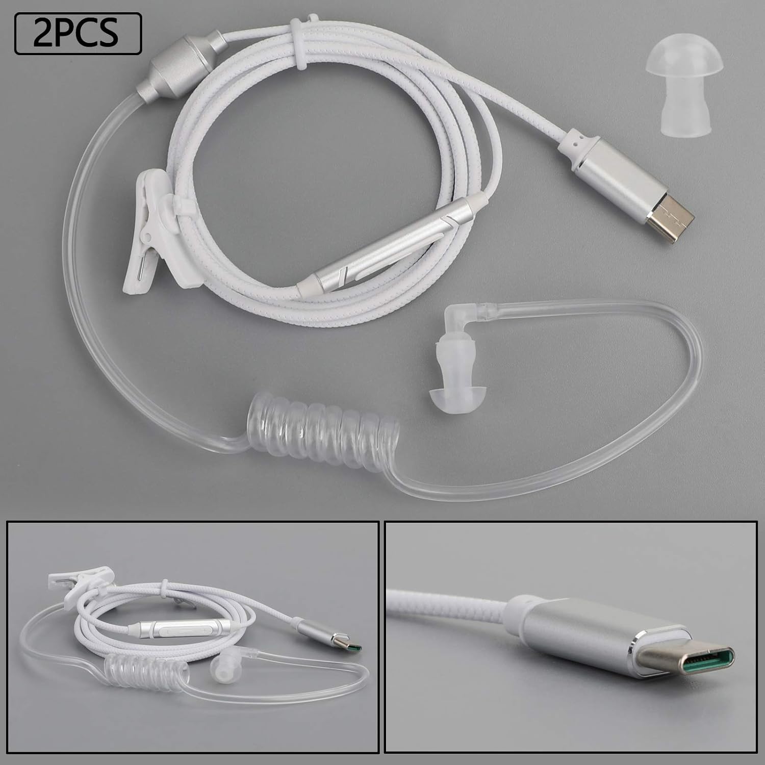 Bruce & Shark 2X Air Tube Earpiece Headset for Huawei Mate30 Pro for Samsung One & Type-C Devices White