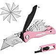 WORKPRO Folding Utility Knife, Quick Change Box Cutter, Pink Razor Knife for Cartons, Cardboard, Boxes with Blade Storage Design, Extra 15 Blades Included - Pink Ribbon