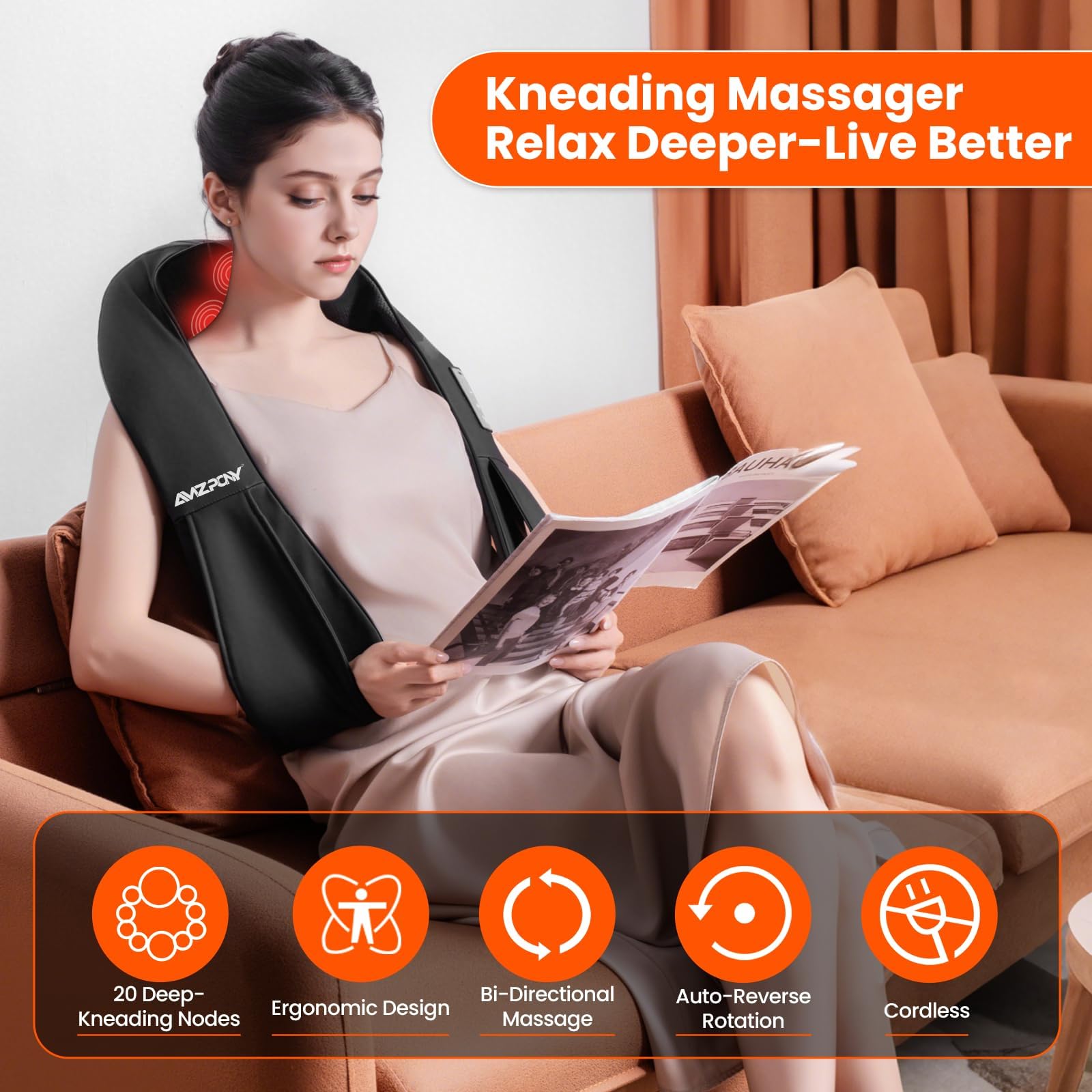 AMZPONY® Cordless Neck Massager for Pain Relief Deep Tissue, Rechargeable Shiatsu Neck and Back Massager with Heat Kneading Shoulder Massage for Body Muscle Pain Relief,Gifts for Dad Mom Friends