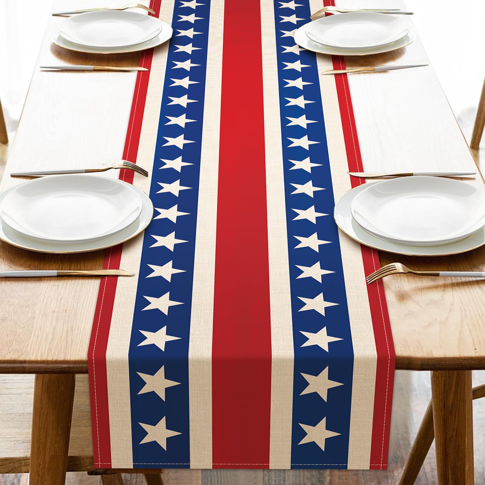 Photo 1 of Seliem Memorial Day 4th of July Patriotic Table Runner, America Veterans Day Labor Day Red Blue White Stripes Stars Kitchen Dining Table Decor, Home Decoration Indoor Outdoor Party Supply 13 x 72 Inch