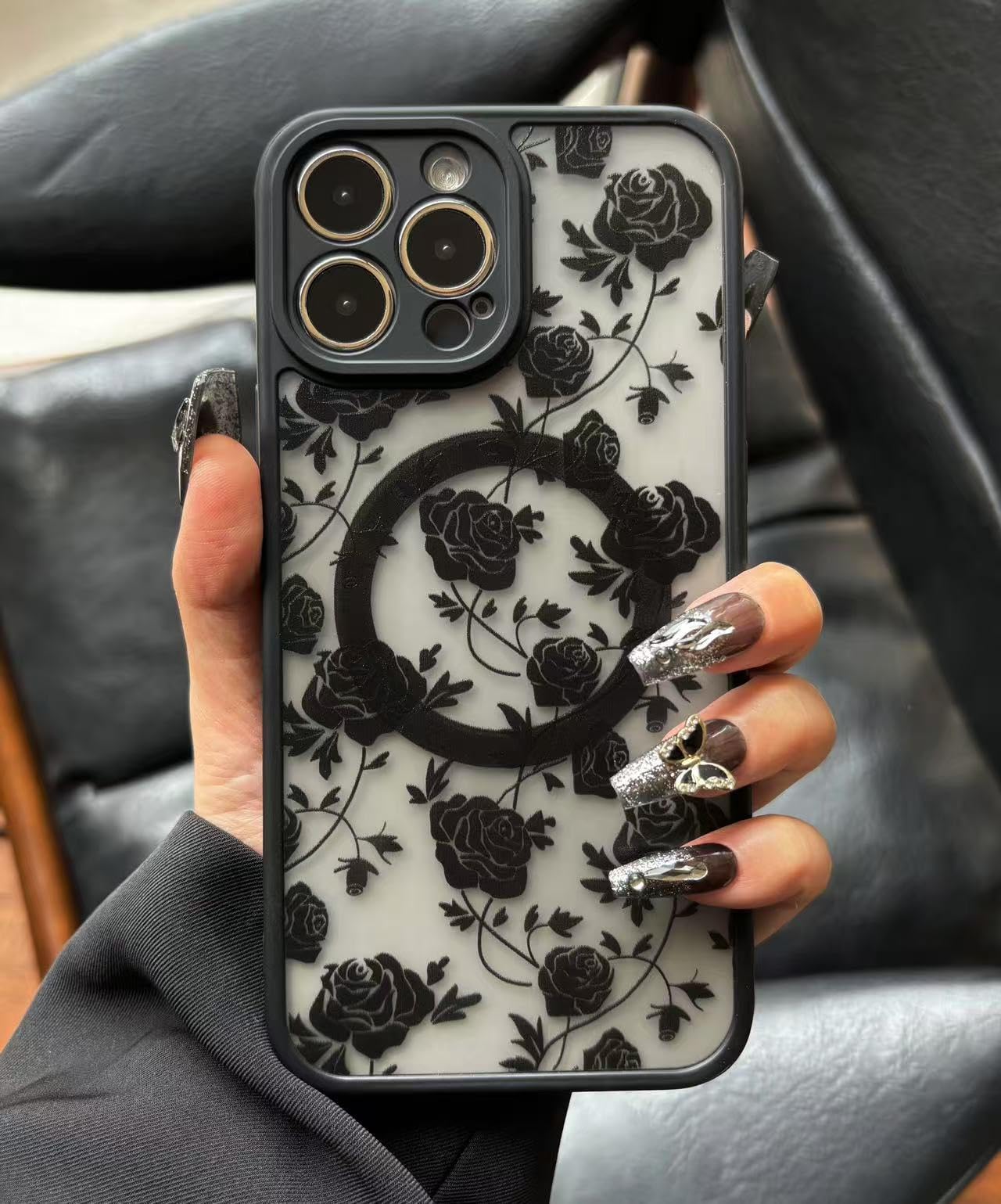 Floricase Case for iPhone 15 Pro [Compatible with MagSafe] Aesthetic Black Rose Goth Design for Women Girls | Soft TPU Bumper Hard PC Back Translucent Matte Protective Slim Magnetic Phone Cover
