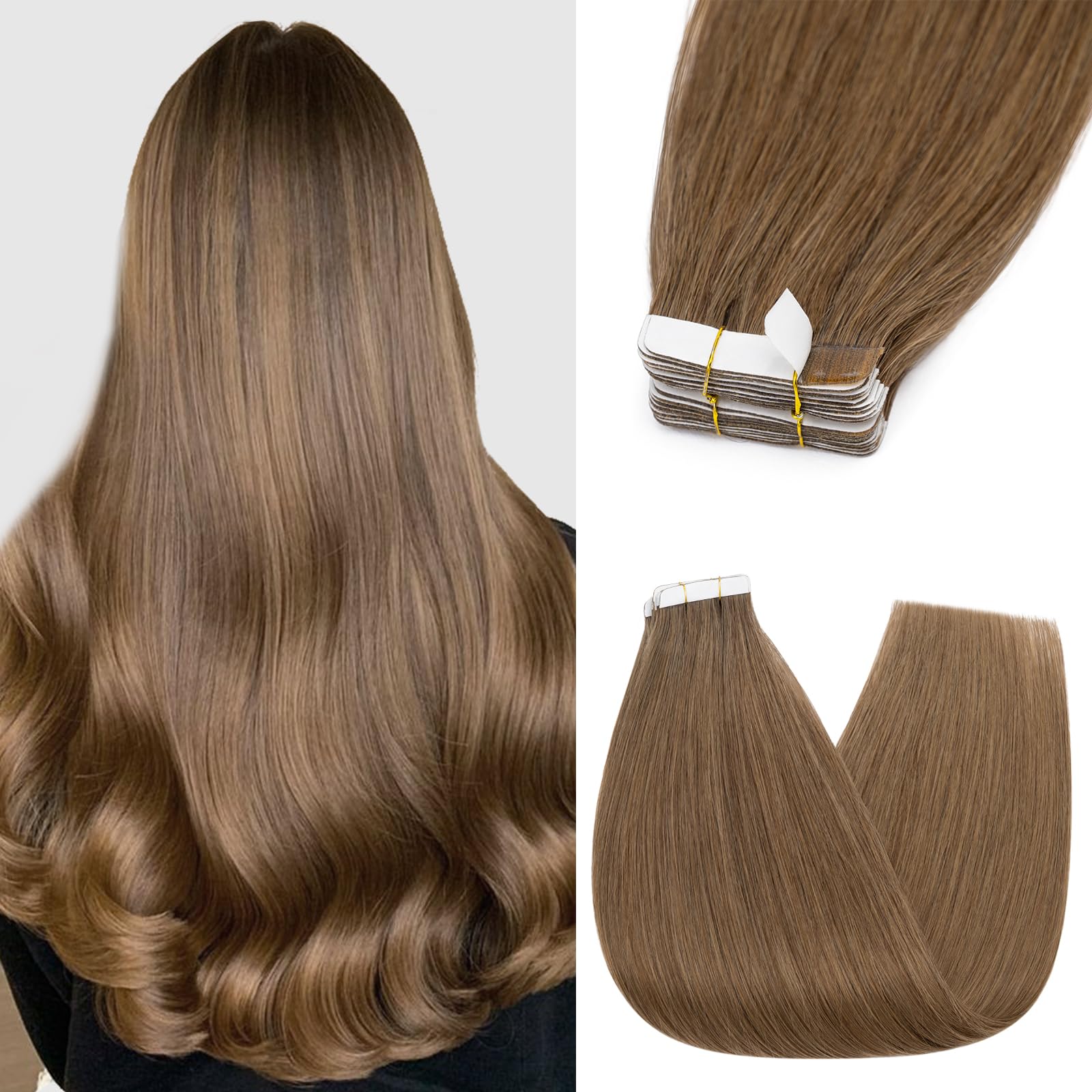 Silk-co Tape in Hair Extensions 16in 100% Real Remy Straight Human Hair Straight Invisible Glue Skin Weft 10 Pcs 25g #06 Light Brown