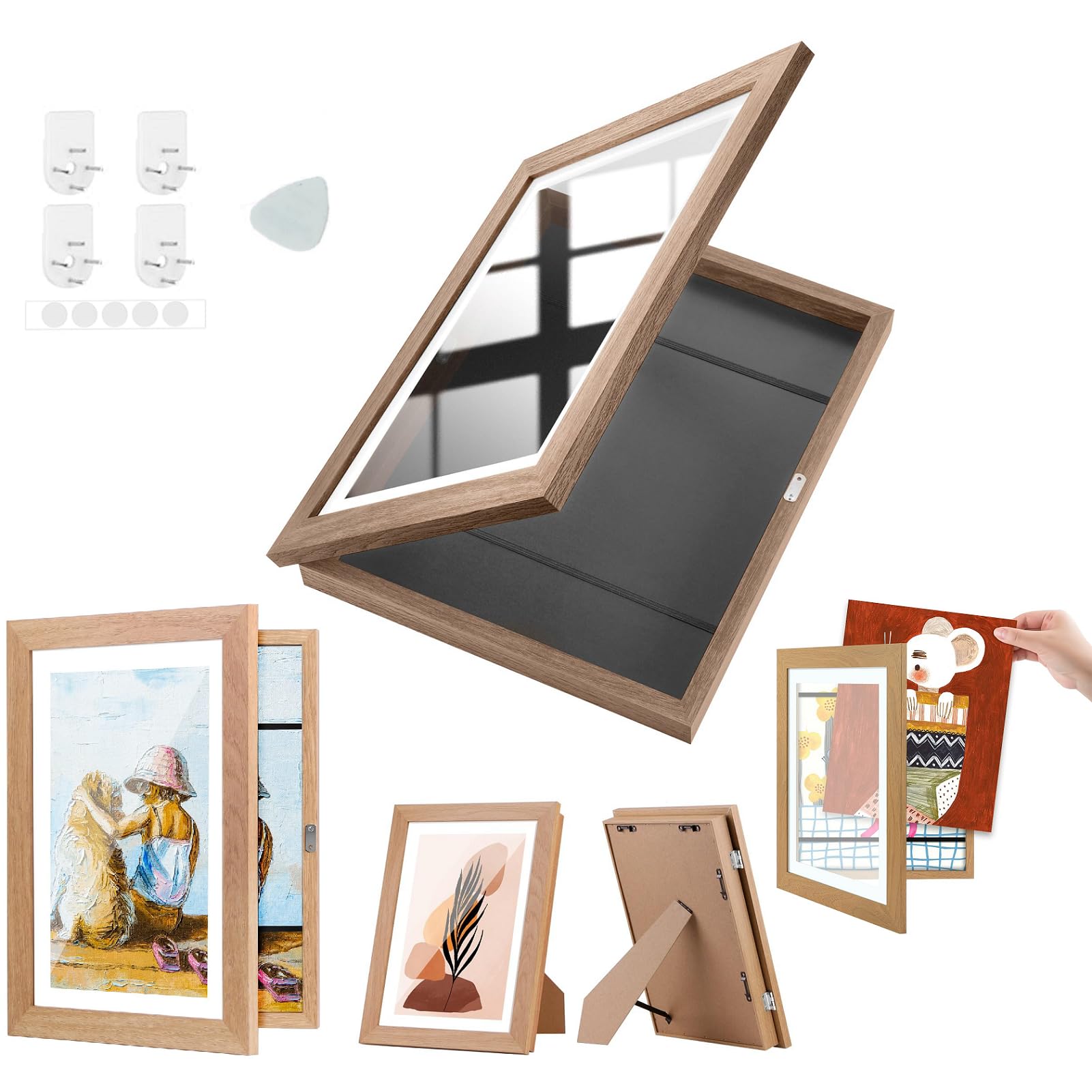 Kids Art Frame, Kids Artwork Display Frame, Front Opening Picture frames for 99 Pictures, Artwork Display Storage Frames Display or Hang 10x12.5 in pictures - Nature Wood
