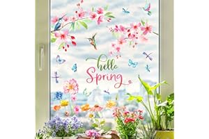 Yovkky Hello Spring Hummingbirds Flowers Window Clings 9 Sheets, Birds Floral Stickers Decal Decor, Butterfly Dragonfly Watercolor Home Kitchen Decorations