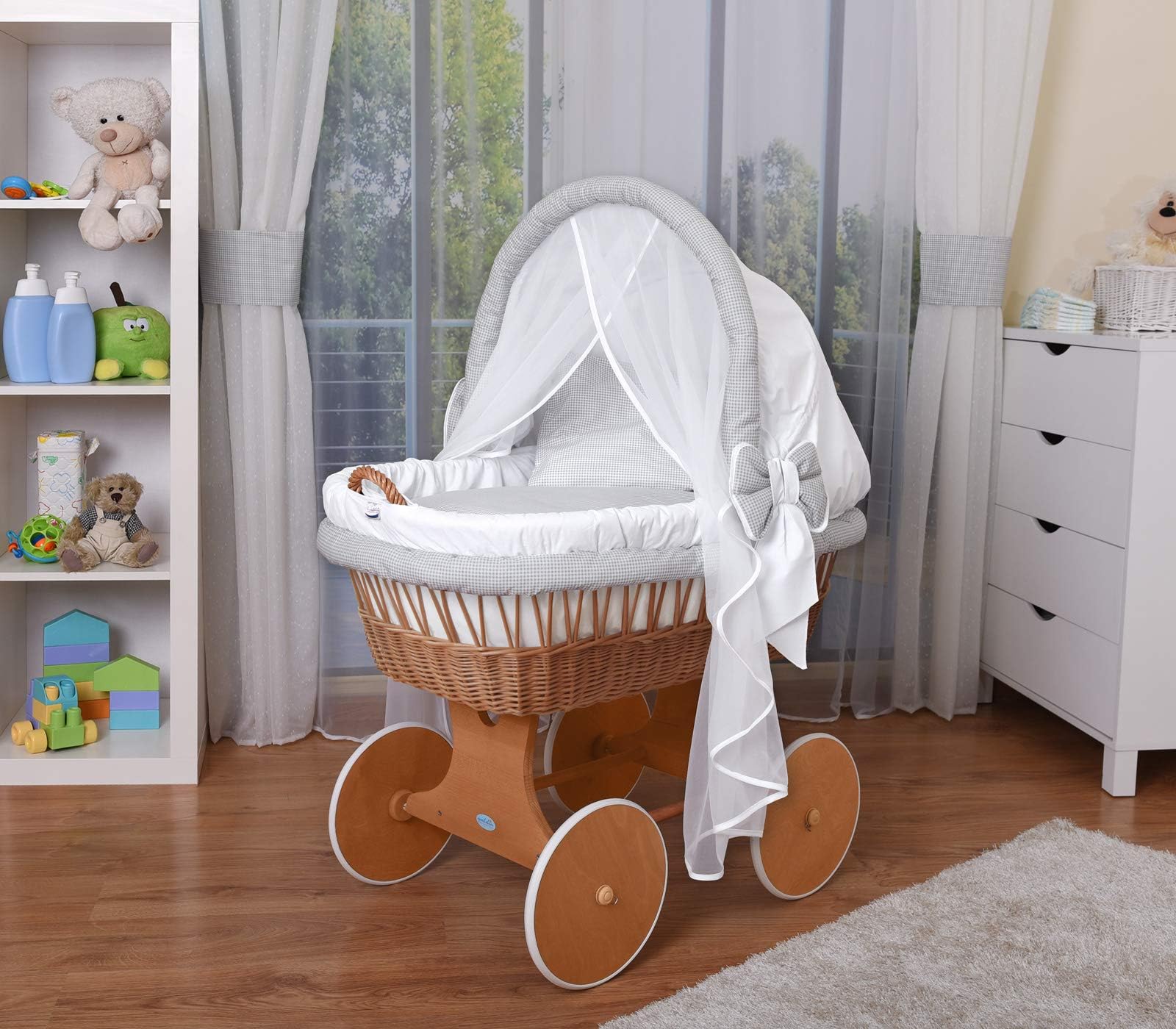 WALDIN Baby Wicker Cradle,Moses Basket,44 Models Available,Painted Stand/Wheels,Textile Colour White/Squared