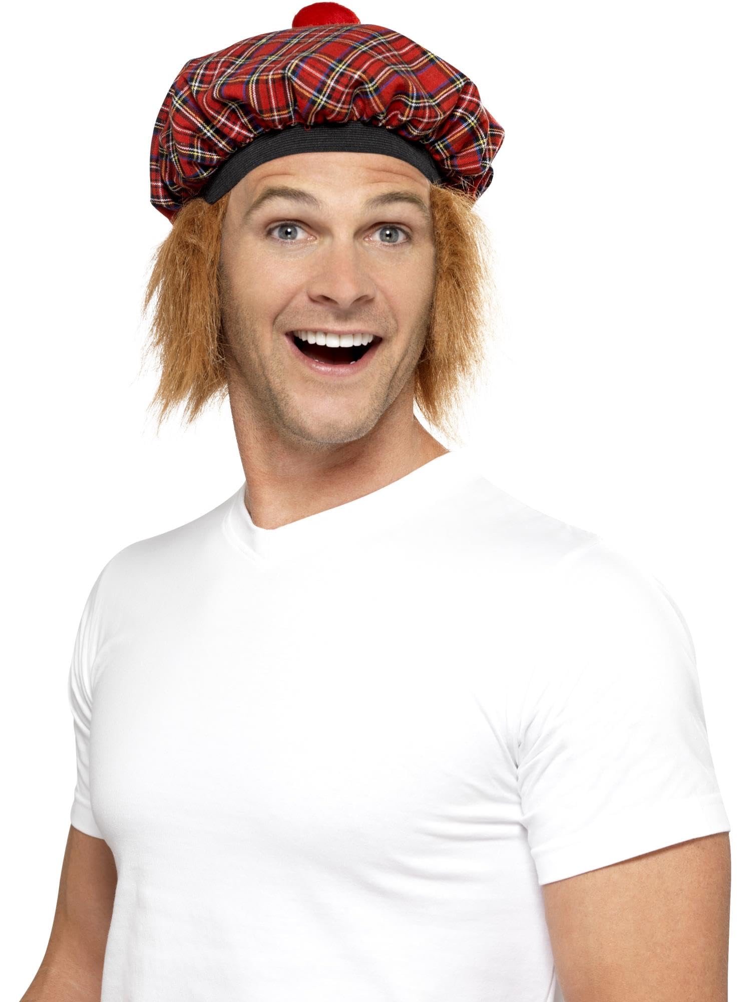 Smiffys Tam-O-Shanter Tartan Hat, Red Traditional Scottish Hat with Attached Hair and Pom Pom, Fun Around The World Fancy Dress Accessory, Cultural Theme Party Dress Up Hats for Adults Halloween