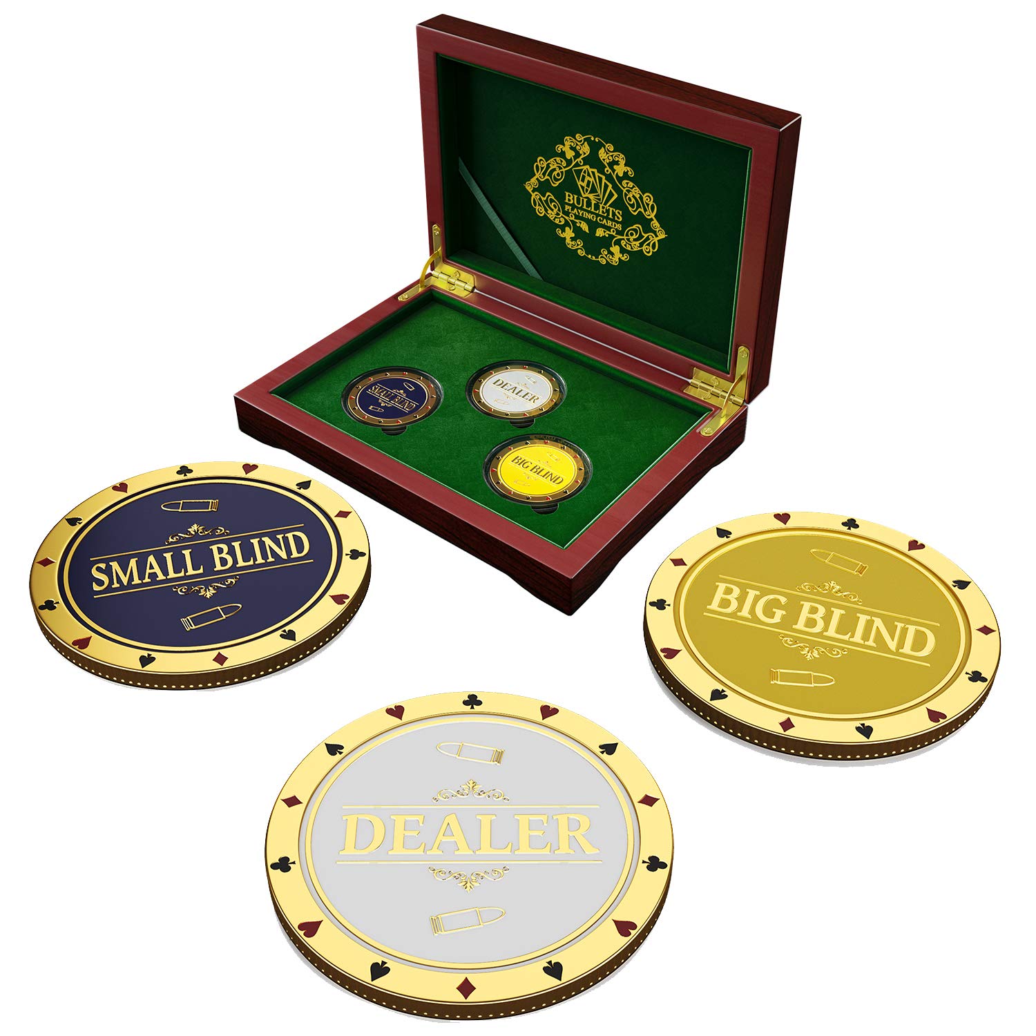 Bullets Playing Cards, Golden Poker Dealer Button Set, with Small Blind and Big Blind Buttons