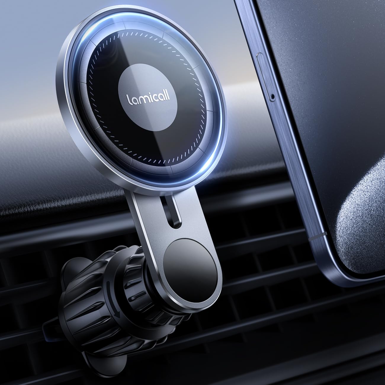 Lamicall for MagSafe Car Mount [Glass Panel] - Metal Magnetic Car Phone Holder with 20x N52 Magnet, Air Vent Cradle Hook for iPhone 17 16 15 14 Pro/Max/Plus/Air & MagSafe Case, Others with Metal Ring