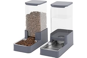 Wefeedy Stainless Steel Cat Feeder and Water Dispenser,Gravity Waterer & Food Feeder Set with Stainless Steel,Large Capacity Pet Food Bowl for Small Medium Dog Pets Puppy Kitten(Grey,1 Gallon)