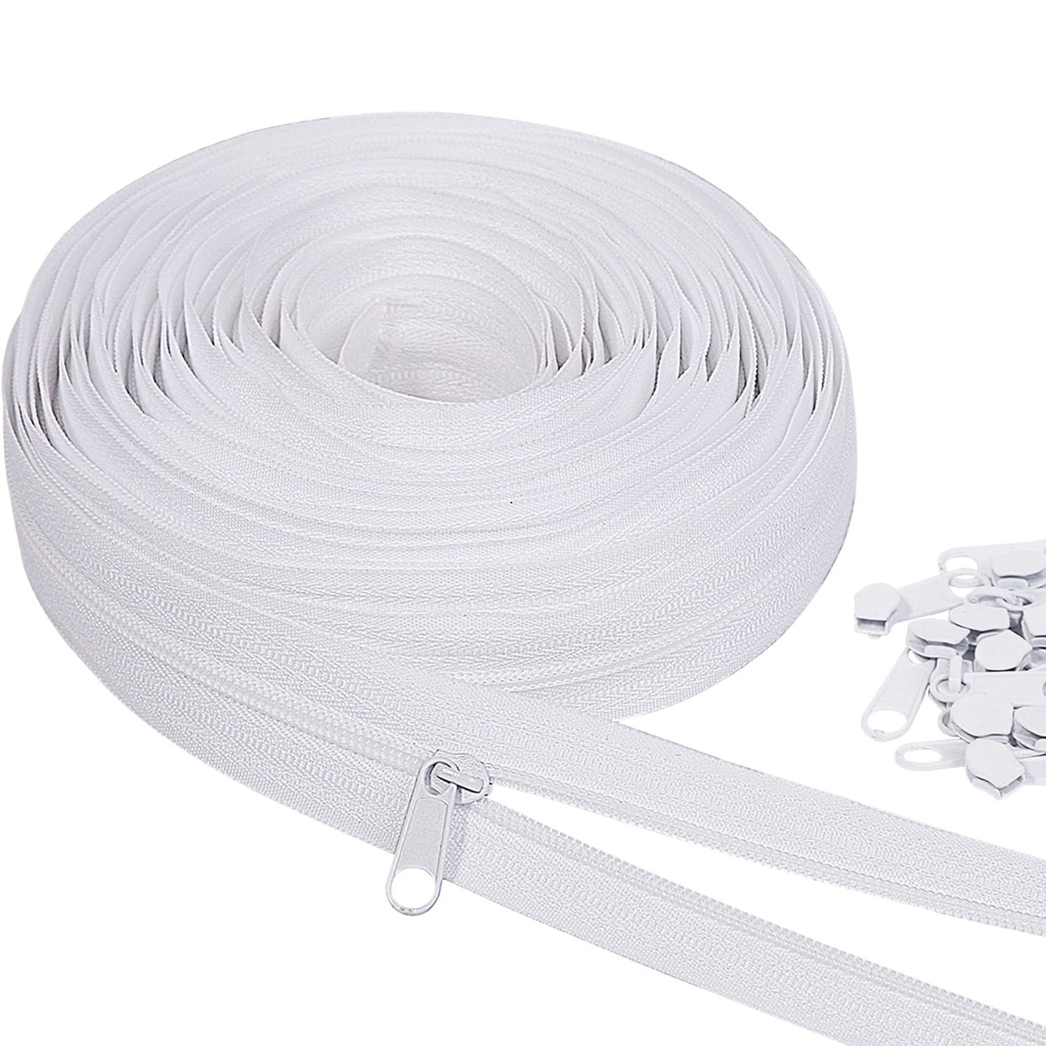 MiniRed 10Yards White Nylon Coil Zipper by The Yards, #3 Bulk Zippers for DIY Sewing Craft Bags with Replacement 20PCS Sliders (#3 White)