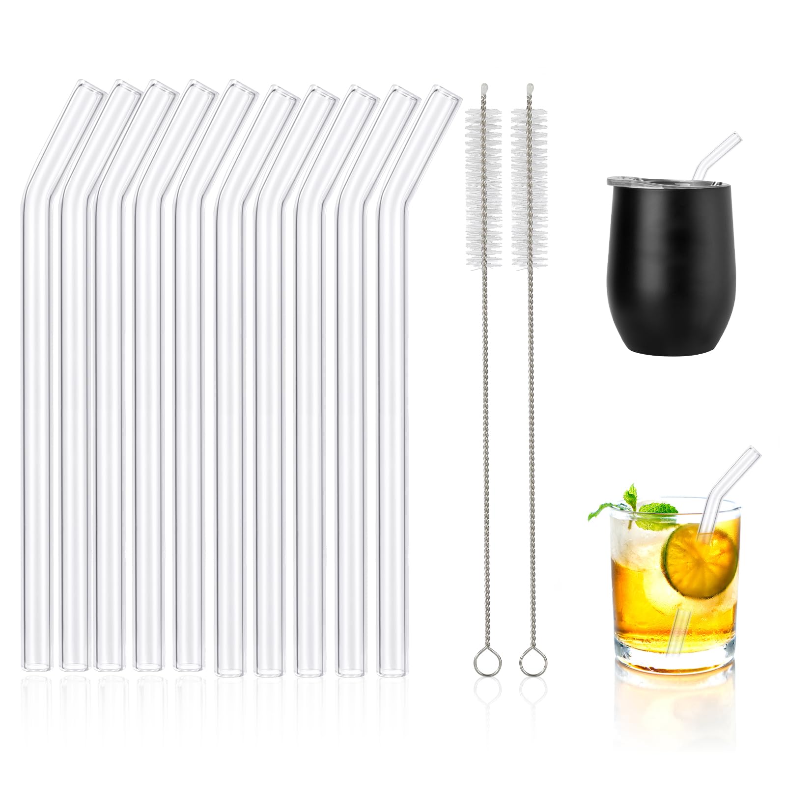 Photo 1 of [10 Pcs] Reusable Short Bent Glass Straws - 6" x 8 mm Clear Glass Straws Shatter Resistant Cocktail Straw With 2 Cleaning Brushes for Whiskey,Coffee,Short Tumblers