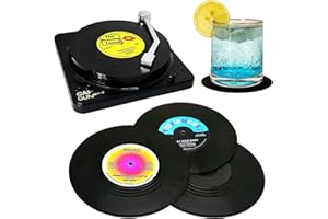 RADIXIUM Funny Retro Vinyl Record Coasters, Creative Drink Coasters Set of 6 with Vinyl Record Player Holder for Music Lovers, Housewarming Hostess Gifts, Birthday and White Elephant Gifts Ideas