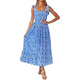 Tobrief Women's Boho Dress Summer Spaghetti Strap Square Neck Flowy Ruffle Beach Long Maxi Dress