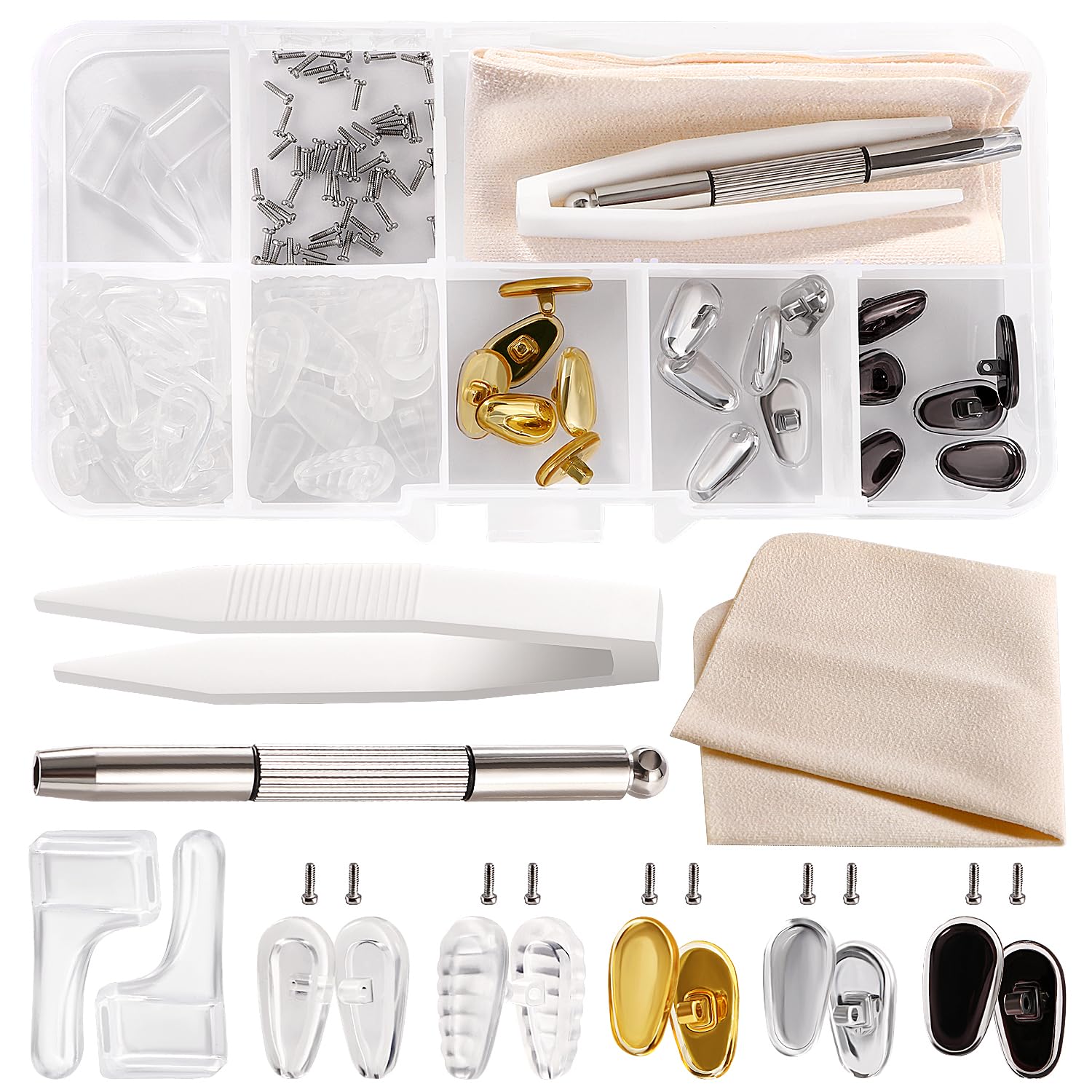YIXISI 25 Pairs Glasses Nose Pads Kit, Eyeglass Nose Pads, Silicone Screw-in Nose Pads Glasses Repair Kit, with Screws Screwdriver Tweezers Cleaning Cloth, for Most Eyeglasses, No. 9