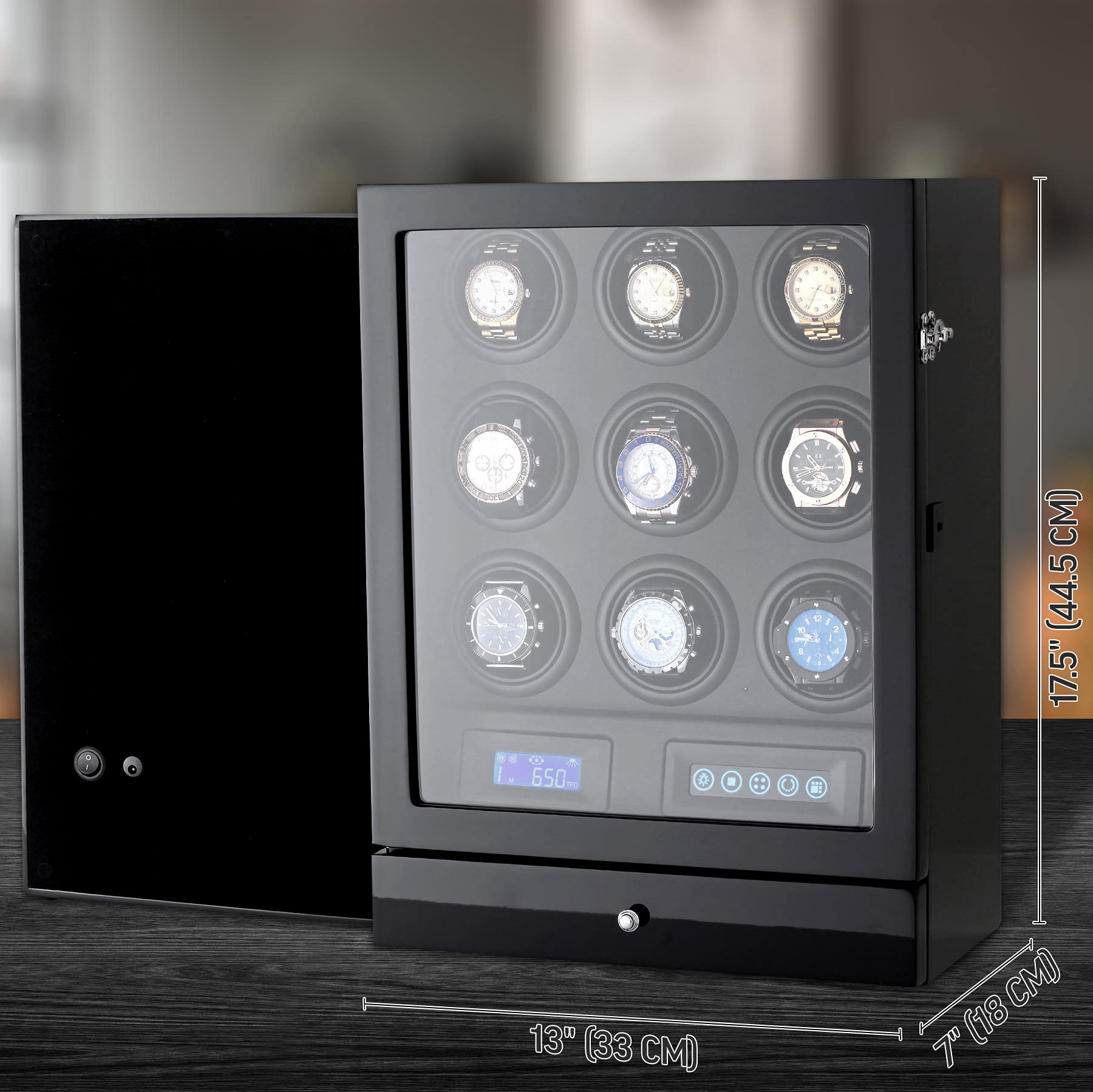 Leader WATCH WINDERS 9 Watch Winder with LED Backlight, Remote Control, LCD Display and 2 Watches Storage Compartment (Black + Black)