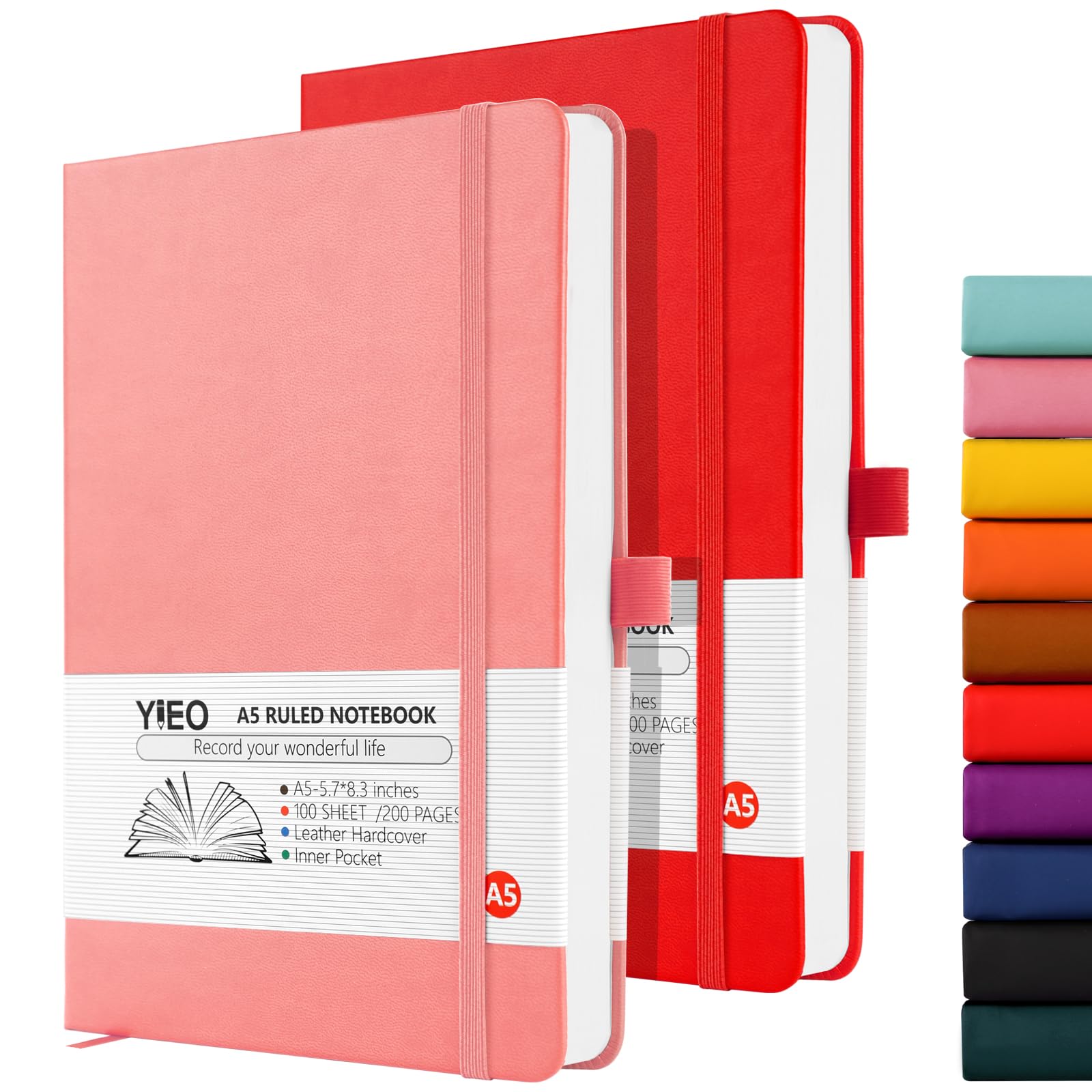 YIEO Notebook A5, 2 Pack Hardback Journal Notebook with 398 Lined Pages 80 GSM Leather Notepad with Bookmark, Pen Loop and Expandable Paper Pocket, for Office School Supplies (Pink+Red)