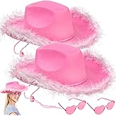Noamus 2 Pack Cowgirl Hat and Glasses, Pink Funcredible Fluffy Cowboy Hat Set, Sparkly Cowgirl Hats with Fluffy Feather Brim, Cowboy Costume Accessories for Women, Theme Party, Adult Size