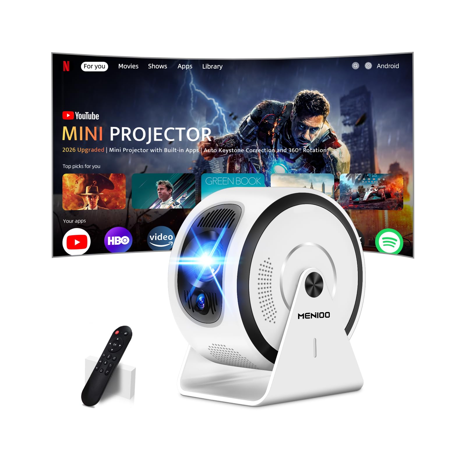Photo 1 of [Built-in Apps & Auto Focus] Mini Projector 4K 1080P 2026 Upgraded Auto Keystone 360° Rotatable Projector Portable, with WiFi 6 & Bluetooth 5.4 Compatibile with HDMI/TV Stick/USB/Laptop - White