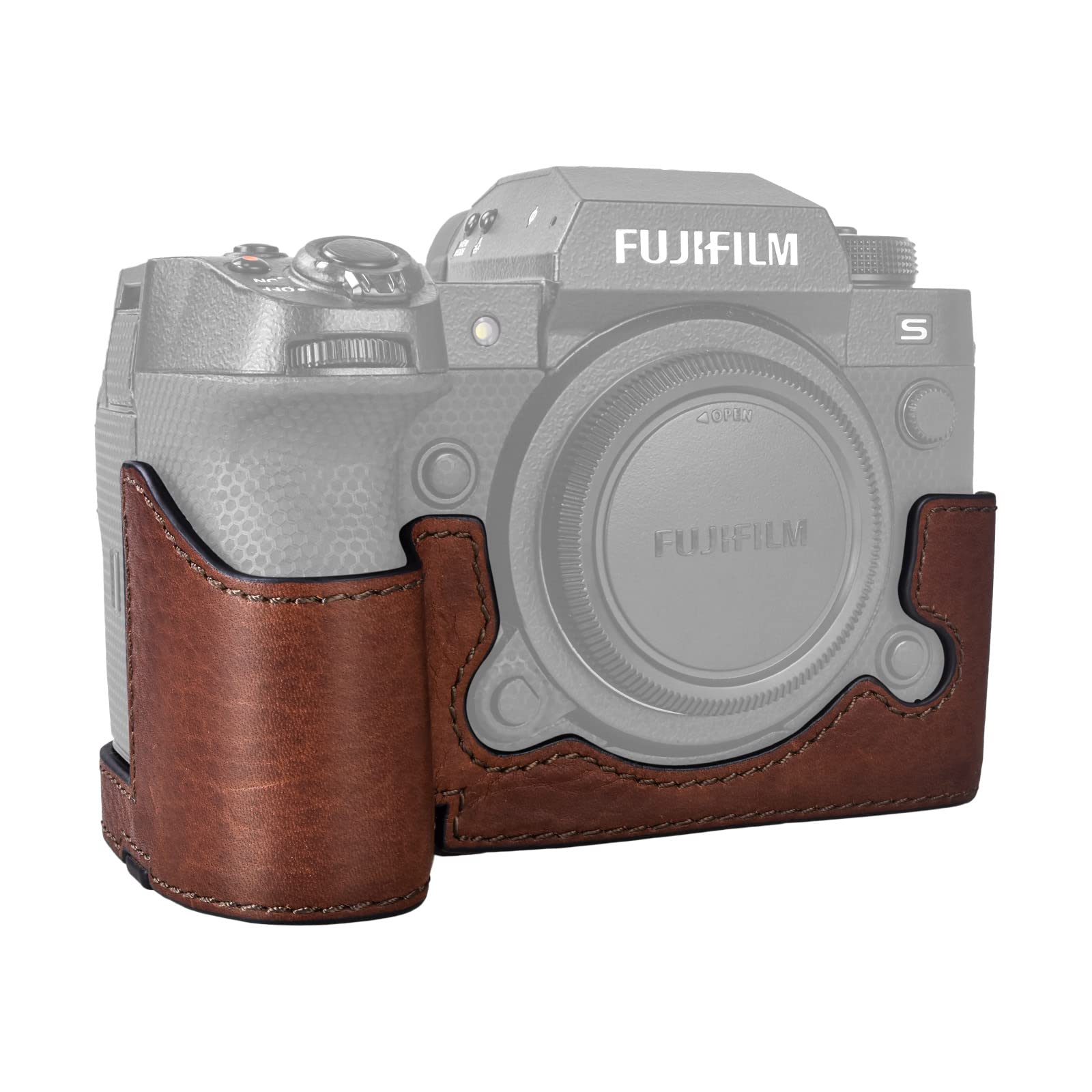 MUZIRI KINOKOO Fuji XH2S/X-H2S/XH2 Camera Case - Genuine Leather Half Case with Hand Grip and Opening Bottom - Brown