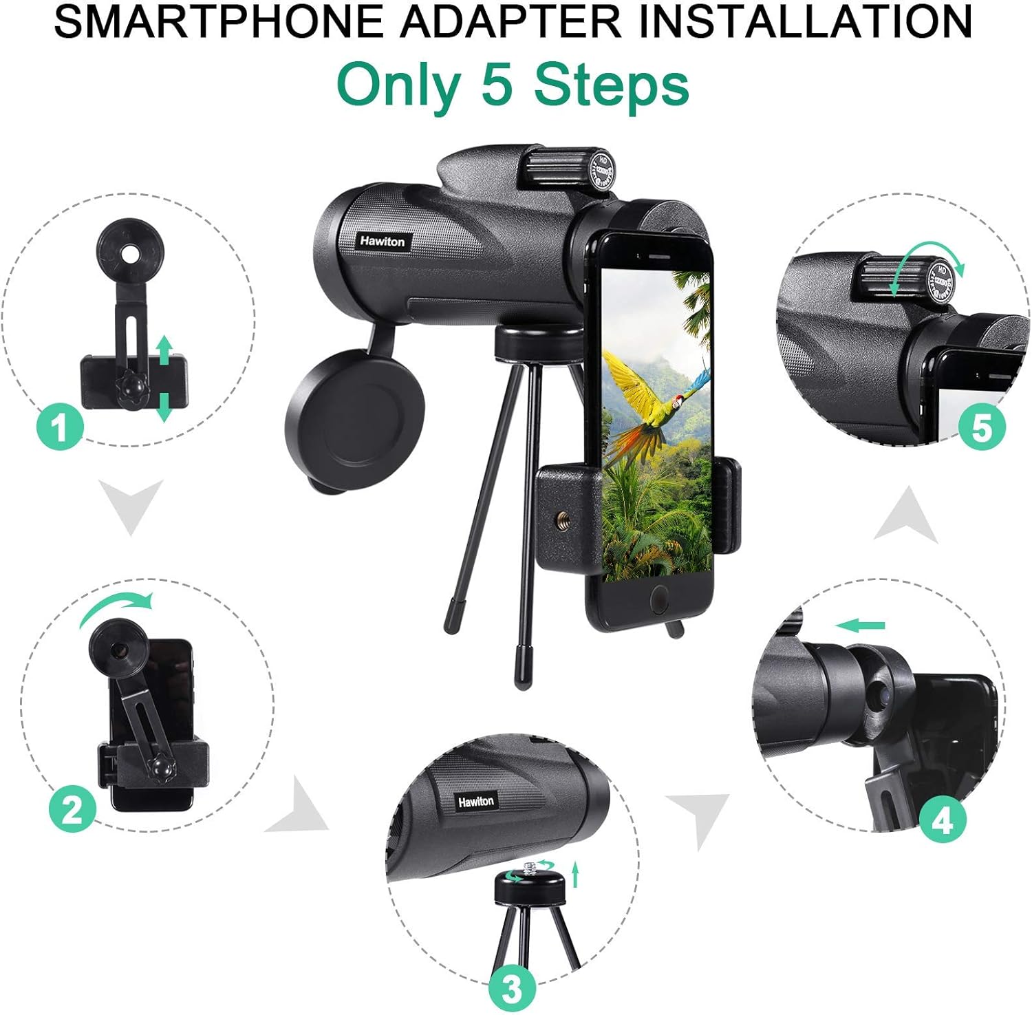 Hawiton Monocular Telescope High Power with Smartphone Holder & Tripod- 12X50 HD FMC Lens & BAK4 Prism Dual Focus Optics Zoom, Low-Light Night Vision Waterproof Monocular Binoculars for Bird Watching: Home Audio & Theater