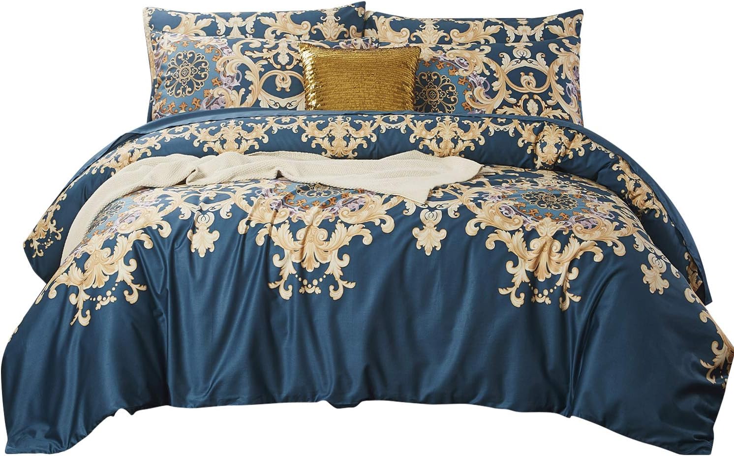 Softta Teal Dark Blue Vintage European Shabby Floral Luxury Palace Bedding Sets Damask Cal King Size 3Pcs Elegant Duvet Cover Set Boho Navy Blue 100% Egyptian Cotton Hypoallergenic Khaki