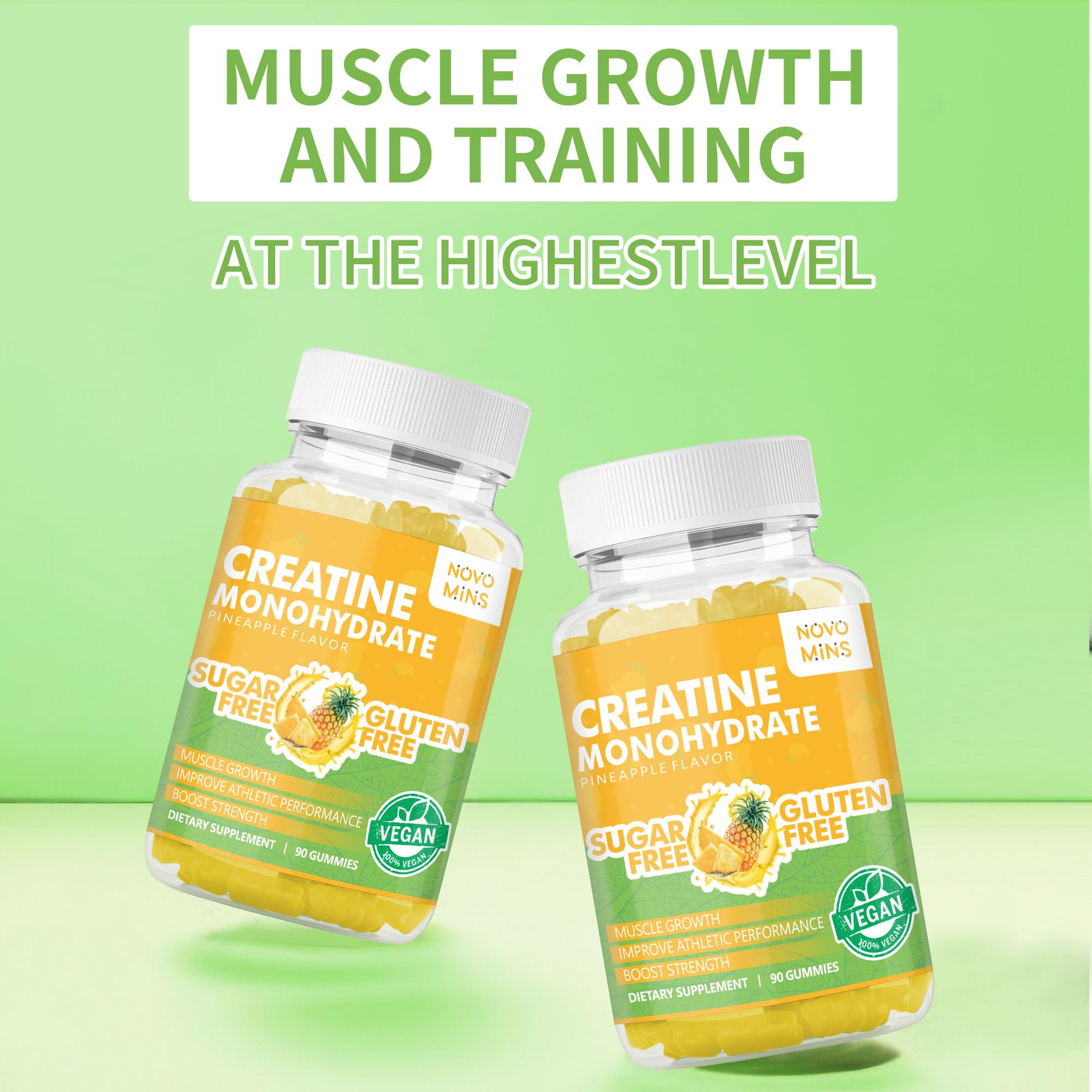 novomins Creatine Monohydrate Gummies for Men & Women, Chewables Creatine Monohydrate for Muscle Strength, Muscle Builder, Energy Boost, Pre-Workout Supplement(90 Count)-Pineapple Flavor.
