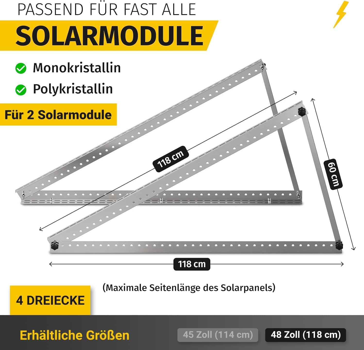 Avoltik Balkonkraftwerk Halterung 2er Set bis 118cm I Solarpanel Halterung für 2 Module I Verstellbar 0-90° I Ideal für Dach, Balkon & Boden 2