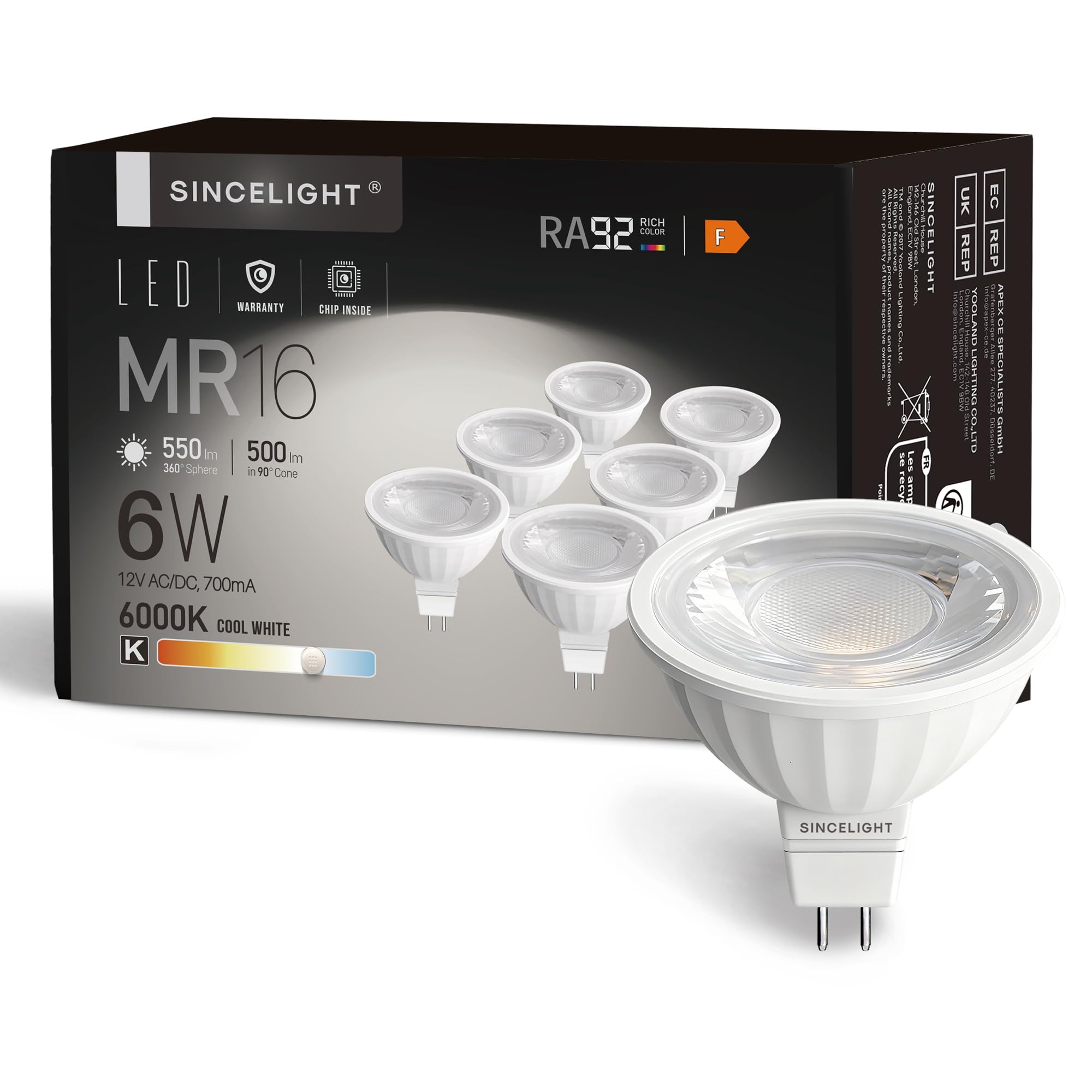 MR16 GU5.3 12V LED Spot Light Bulb Ø50mm Reflector, 6 Watt, 500 Lumens, 50W Halogen Equivalent, 6000K ( Cooll White ), High Color Rending RA≈92, 38°Beam Angle, Pack of 6