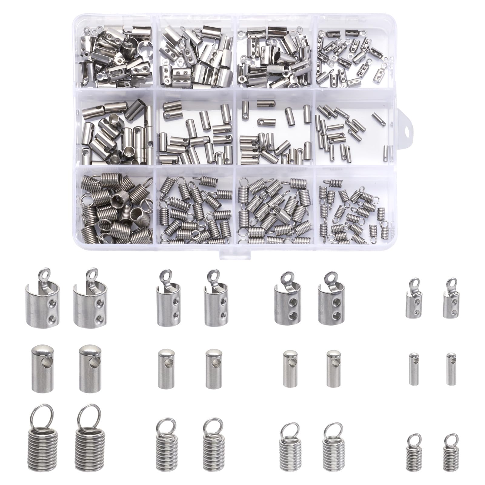 PandaHall 240pcs Stainless Steel Fold Over Crimp Cord Ends & Cord End Caps & Tube Coil Cord Ends Leather Ribbon Ending Clasp Terminators Crimp End Tips for DIY Jewelry Making