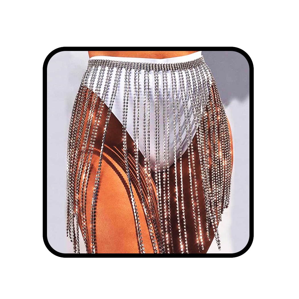 Sethain Boho Waist Chain Silver Tassel Rhinestone Chains Belly Crystal Chain Bikini Body Accessories Jewelry for Women and Girls