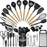 Kitchen Utensils Set- 34PCS Silicone Cooking Utensil with Holder, Umite Chef Heat Resistant Kitchen Spatula Set for Nonstick Cookware, Black Wooden Handles Kitchen Gadgets Tools Set