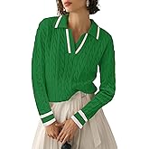 Micoson Womens Fall Long Sleeve Sweaters Lapel V Neck Cable Knitted Pullover Casual Soft Jumper Top