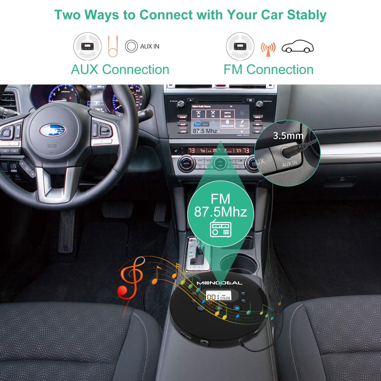 MONODEAL CD Player Portable, Portable CD Player with FM Transmitter, Rechargeable CD Player for Car for Home Travel with Anti-Skip Protection Compact CD Player with Headphones