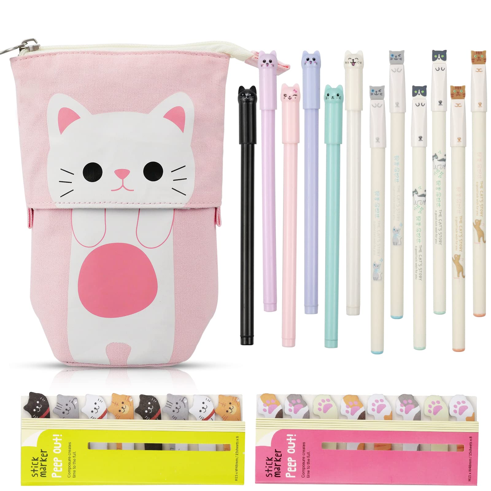 hocadon Canvas Cat Telescopic Pouch Bag with 6pcs Cute Cat Pens Black Ink 0.5 mm, 6pcs Cute Cat Pens 0.38 mm, 320pcs Cat Notes Page Flags Index Tabs, Cute Cat Stationery Set 15 Pieces