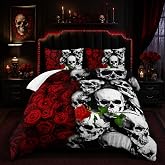 Tuzaovy Skull Bedding Set Queen Size,Goth Bedding Sets Queen with Comforter,Skull Comforter Set,Rose Comforter Halloween Skull Bed Comforter,Red Black Bedding Skull Quilt