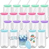 20 Pack Drinking Glass Cups with Acrylic Lids and Glass Straw Beer Can Shaped Drinking Glasses Cups, Glass Tumbler Reusable Cute Cups for Whiskey, Iced Coffee, Tea, Soda, Cocktail, Gift, Clear 16oz