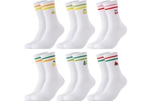 Coumy 6 Pairs Crew Socks Women Striped Sport Socks with Fruit Pattern Embroidery Ladies Athletic Sock White Casual Socks for 