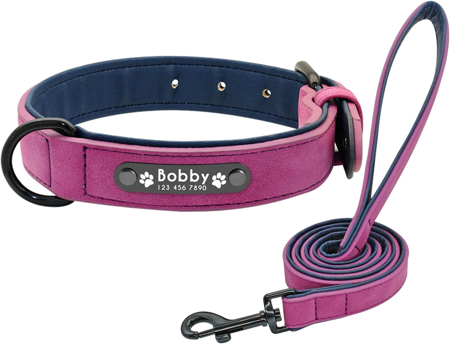 Didog Soft Leather Padded Custom Dog Collar with Personalized Nameplate