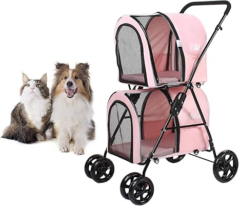 Dawoo Doppelter Kinderwagen Fur Kleine Mittlere Hunde Und Katzen Abnehmbarer 4 Rad Kinderwagen Doppel Kinderwagen Mit 2 Tragbaren Reisetragern Einhand Klapp Aufhangungssystem Pink Amazon De Haustier