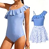 swimsobo Girls Swimsuit with Pad Size 9-16 One Piece Teen Bathing Suit Solid Color Swimwear with Skirt