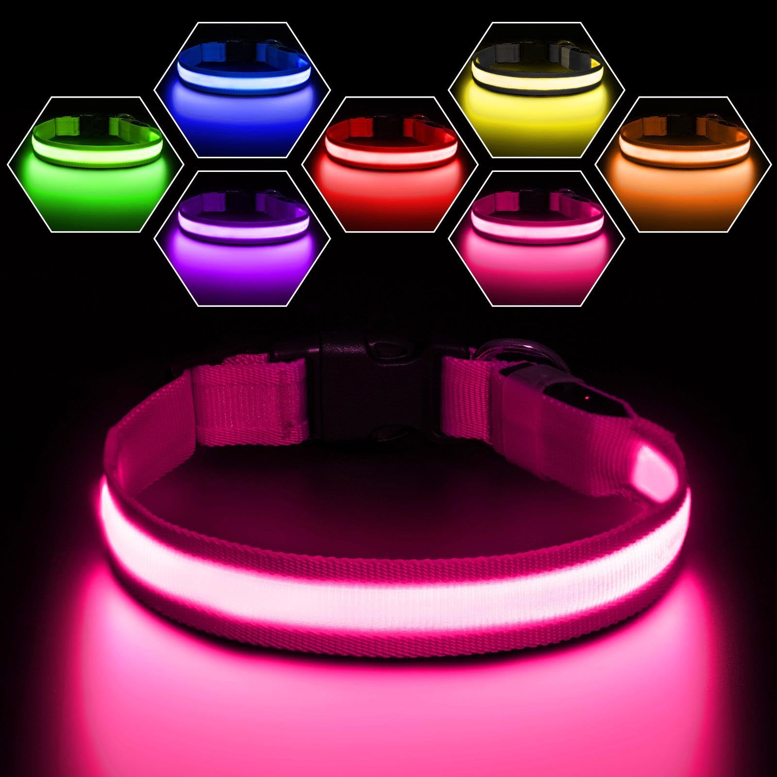 PcEoTllar Light Up Dog Collar - Rechargeable Flashing LED for Night, Adjustable for Small Medium Large Dogs, Waterproof 7 Colors, Pink(9 Modes)