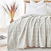 jinchan Boho 100% Cotton Blanket Muslin Twin Size 60x80 Inches Lightweight 3-Layer Geometric Cross Pattern Reversible Quilt Throw Soft Breathable Comfy All Seasons for Couch Bed Decor, Light Grey