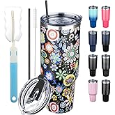 GUDEMAO 40 oz Tumbler with Lids and Straws, Stainless Steel Insulated Coffee Tumbler, Double Wall Vacuum Insulated Travel Mug Cup, Leakproof Thermal Coffee Cup for Hot and Cold Drinks (Flower)