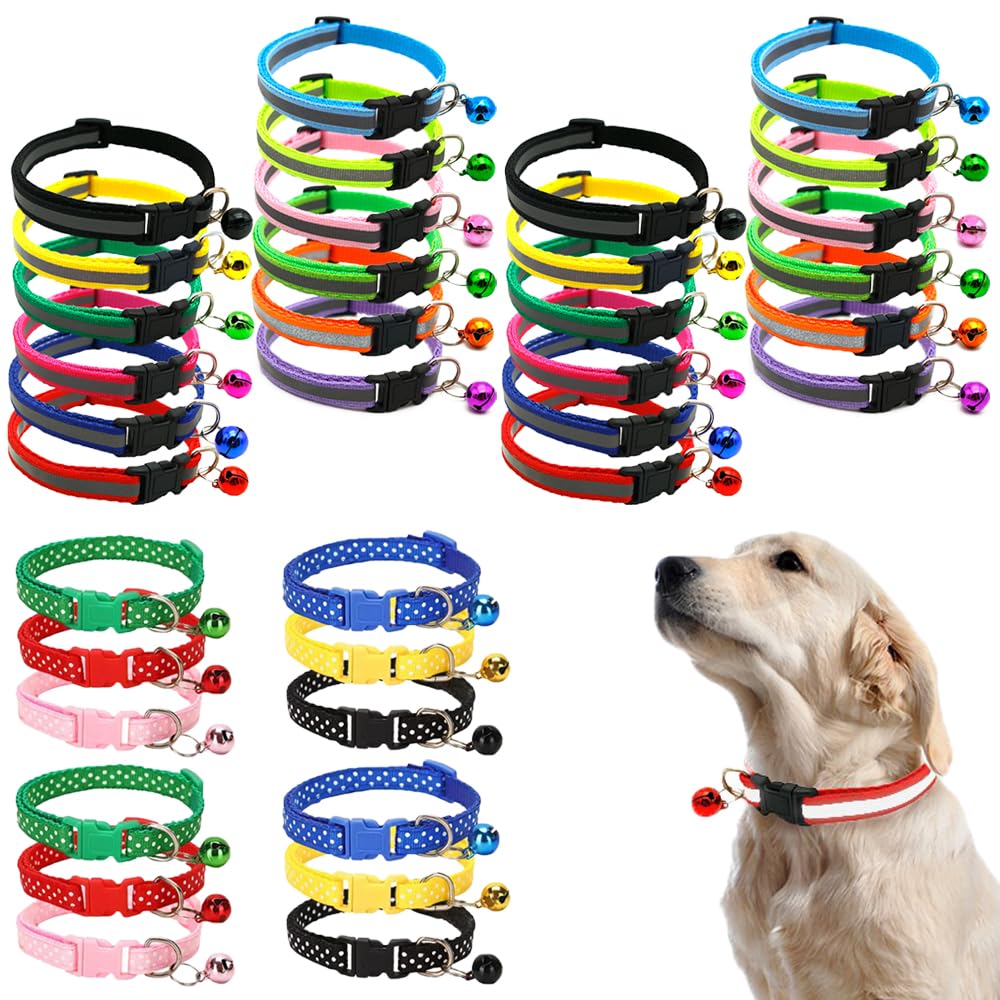 40 pcs Puppy Collars, BOSOIRSOU 19-32cm Adjustable Cat ID Collars with Bell Reflective Buckle Collar Breakaway Identification Collar Whelping Collar for Puppy Kitten Litter