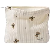 Lestikave Small Corduroy Makeup Bag for Purse,Travel Cosmetic Bag with Bear Pattern,Toiletry Bag Organizer with Zipper for Women Girls(02Beige)