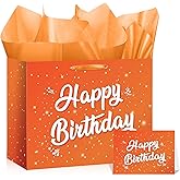 LUUFILx Orange White Birthday Gift Bag for Kids Women Happy Birthday Party Favor Bags with Wrapping Paper Card for Baby Shower Halloween Party Decorations Party Supplies